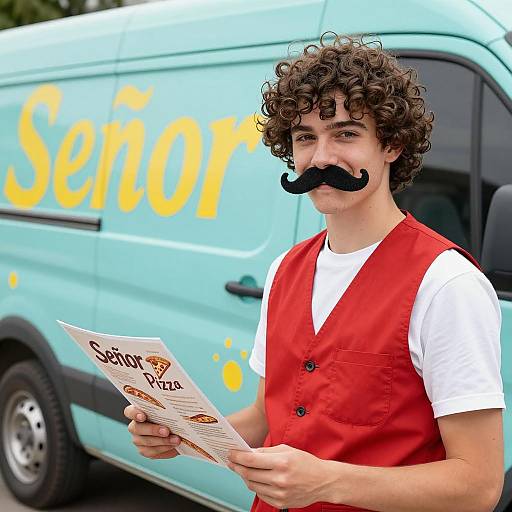 Young man with mustache holding Señor Pizza menu