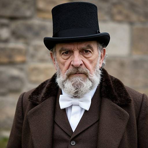Photograph of an elderly white man with a white beard, wearing a black top hat, brown wool coat, white bow tie, and white shirt,