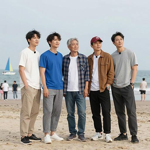 Beach Scene with Five Relaxed Men