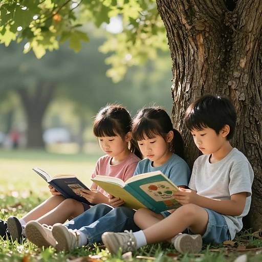 Kids Reading Peacefully Under Tree