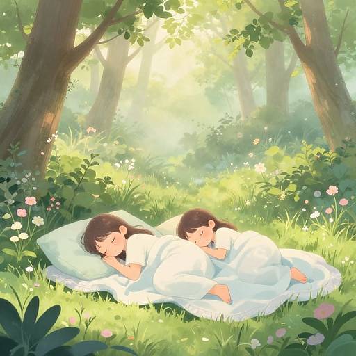 Anime-style digital drawing of two girls sleeping under white blankets in a sunlit, lush forest clearing with flowers and trees.