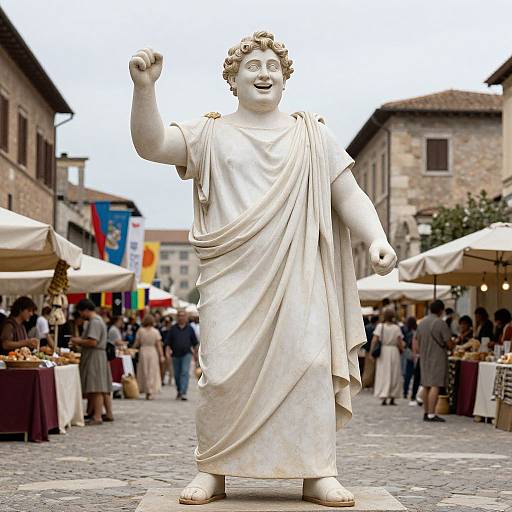 Photograph of a cheerful white marble statue of a robed ancient Roman figure with curly hair, raising one arm, in a bustling outdoor market with people