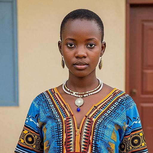 Photograph of a young African woman with short hair, wearing a vibrant blue and orange traditional dress, adorned with intricate patterns, gold earrings, and a