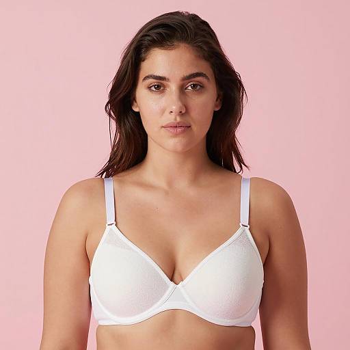 Woman in White Bra on Pink Background