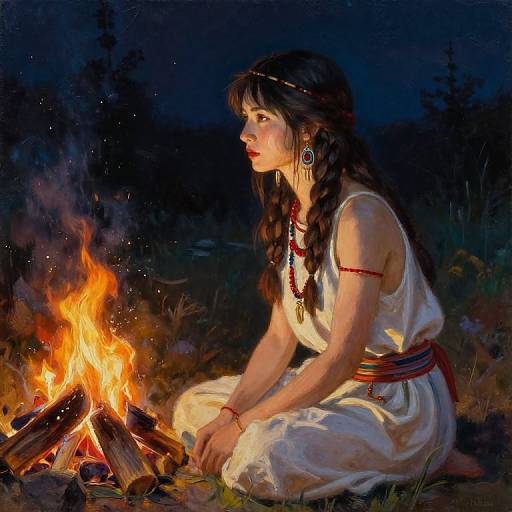 Digital painting of a young woman with long black hair, wearing a white dress and red jewelry, sitting by a bright campfire at night.