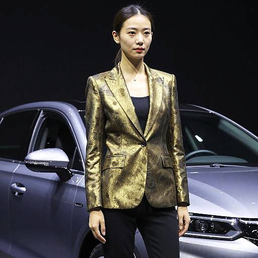 Woman in Gold Suit Posing by Silver Car