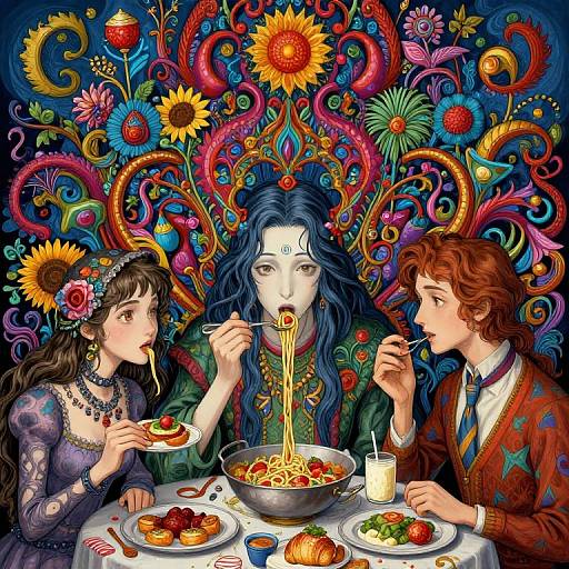Vibrant digital art of three people eating noodles at a table, surrounded by colorful, surreal floral and patterned background.
