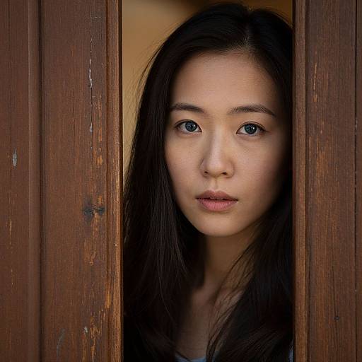 Photograph of an East Asian woman with long black hair, fair skin, and blue eyes, peering through a wooden door frame with a neutral expression