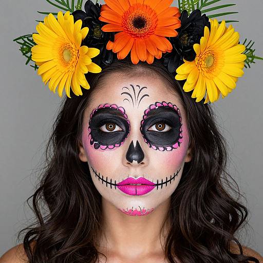 Photograph of a woman with dark brown wavy hair, wearing a flower crown with orange and yellow flowers. Her face is painted in a Day of