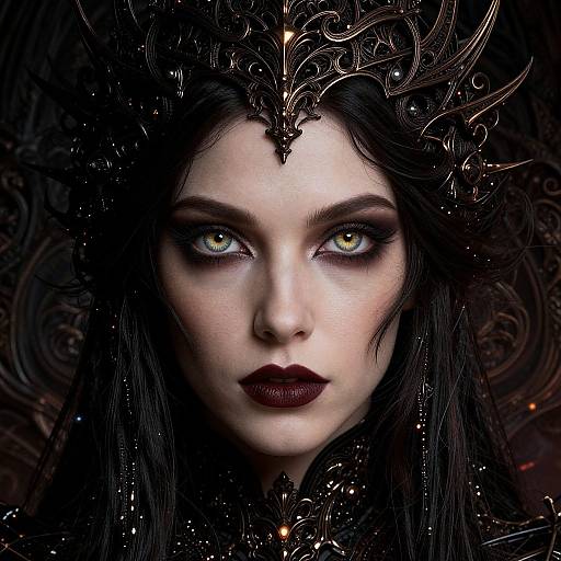 Photorealistic digital portrait of a pale-skinned woman with striking yellow eyes, dark black hair, and intricate gold headpiece, wearing dark lipstick,