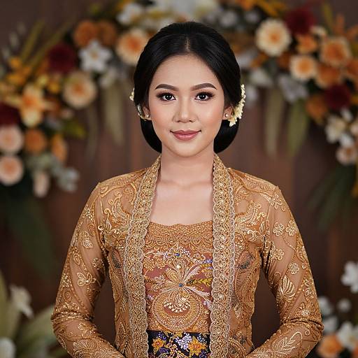 Photograph of an Asian woman with black hair in an elegant, golden embroidered traditional dress, standing in front of a floral backdrop.