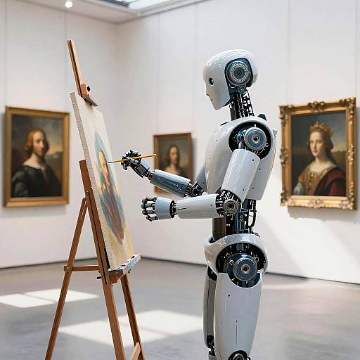 Robot Painter in Sunlit Art Gallery