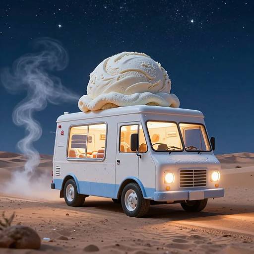 Photograph of a white camper van with a massive, steaming scoop of ice cream on top, driving through a starry desert night.