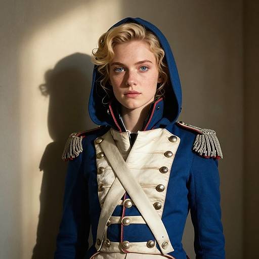 Photograph of a blonde, blue-eyed woman in a navy military-style hooded jacket with white cross-strap and silver epaulettes, standing
