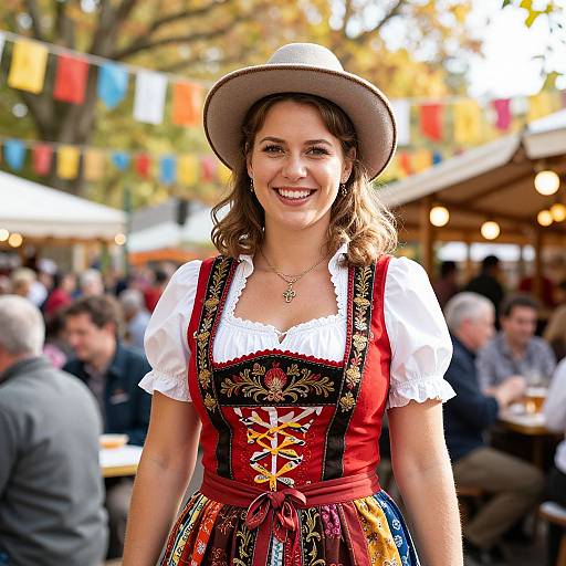 Photograph of a smiling woman in a white hat, red and black dirndl with floral embroidery, standing outdoors at a festive market.