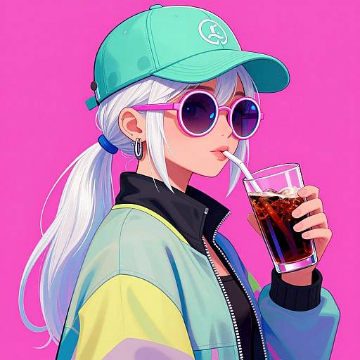 Digital anime-style drawing of a white-haired woman in a turquoise cap, round sunglasses, yellow-green jacket, drinking from a glass with a straw against a