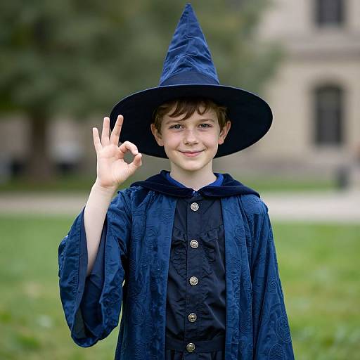 Photograph of a young boy with fair skin, brown hair, wearing a navy blue witch hat and robe, flashing a peace sign outdoors. Blurred