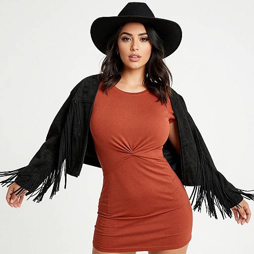 Photograph of a Latina woman with medium skin tone, wearing a black fringed jacket, red dress, and black hat, standing against a white background