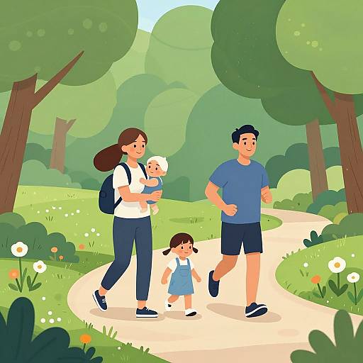Digital illustration of a family jogging on a sunny, winding path in a lush, green park with trees and flowers.