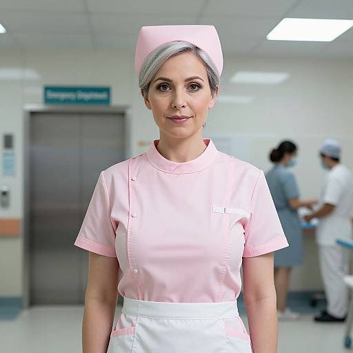 Photograph of a smiling female nurse with gray hair in a pink cap and white apron, standing in a brightly lit hospital hallway, with blurred colleagues