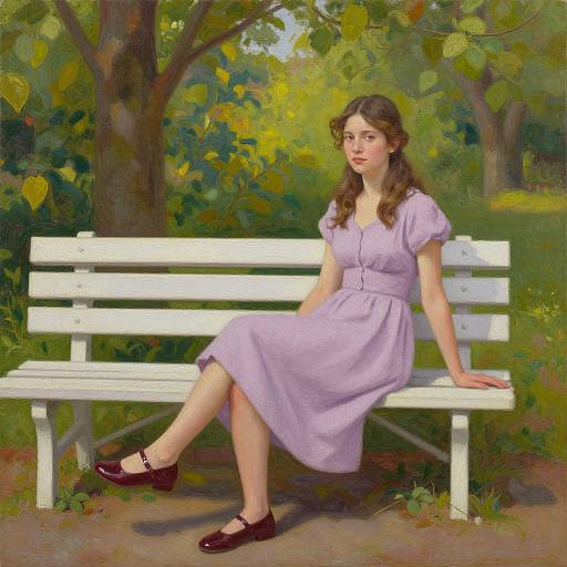 Painting of a young woman with wavy brown hair, wearing a lavender dress and brown shoes, sitting on a white bench in a lush, green