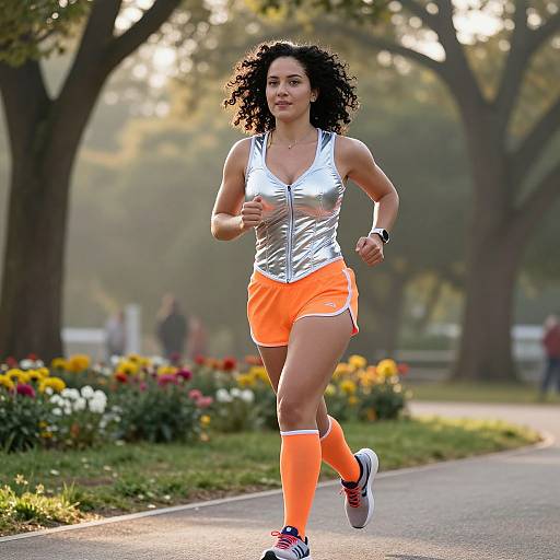 Photograph of a curly-haired woman running in a park, wearing a silver tank top, neon orange shorts, and matching knee-high socks, with trees