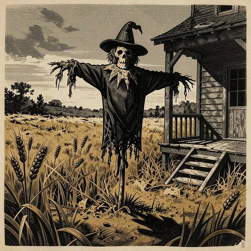 Illustration of a scarecrow with a skull face, tattered clothes, and a witch hat, standing in a golden wheat field beside a weathered