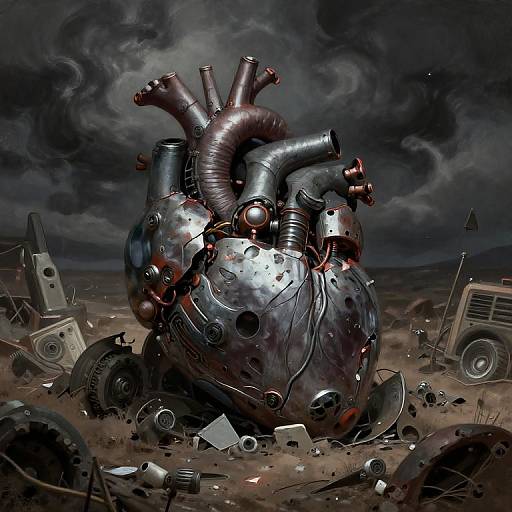 Digital artwork of a metallic, steampunk-style heart with multiple pipes, set in a desolate, post-apocalyptic landscape with scattered machinery. Dark