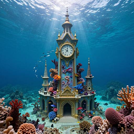 Photograph of an underwater clock tower adorned with colorful coral and fish, surrounded by vibrant marine life, with sunlight filtering through the clear blue water.