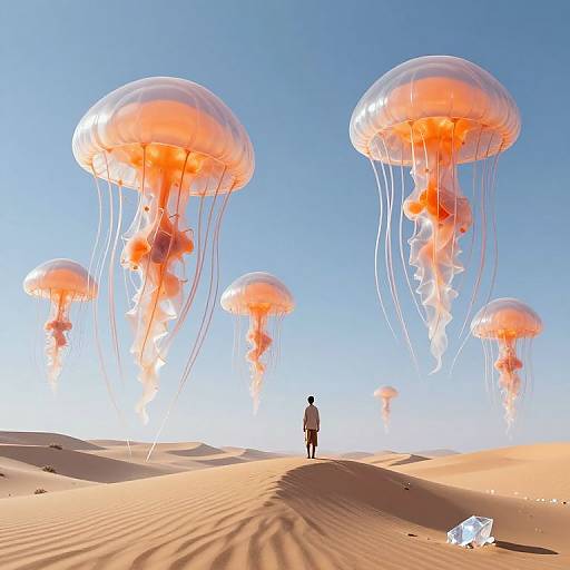 Photograph of a desert scene with a lone figure standing amid bright orange, translucent jellyfish-like creatures floating in a clear blue sky.