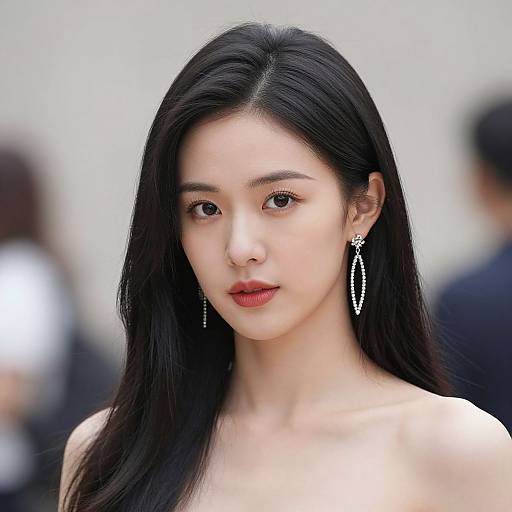 Photograph of an East Asian woman with long black hair, wearing red lipstick and diamond drop earrings, against a blurred background.