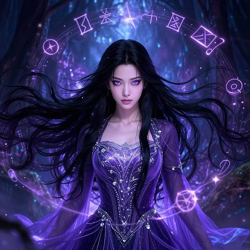 Digital artwork of a mystical Asian woman with long black hair, wearing a starry purple dress, surrounded by glowing magical symbols in a dark, ethereal