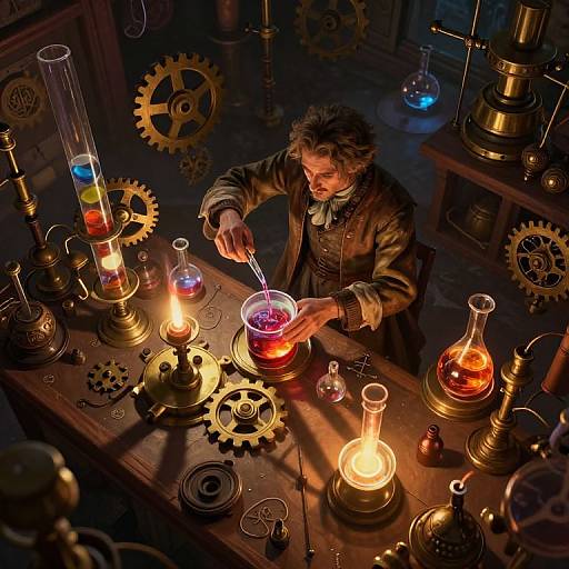 Steampunk scientist with wild hair pours vibrant red liquid into a beaker, illuminating his cluttered, gear-filled laboratory at night.
