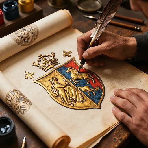 Artist's hands detail a heraldic crest with gold and red symbols, using a feather quill on parchment, surrounded by ink bottles.