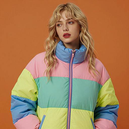 Young Woman in Colorful Puffer Jacket