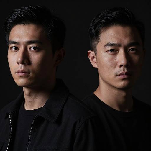 Photograph of two East Asian men with short black hair, serious expressions, and black clothing, against a dark background.