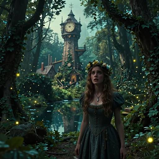 Fairy-tale forest scene with a young woman in a green dress and flower crown, surrounded by glowing fireflies, and a clock tower in the