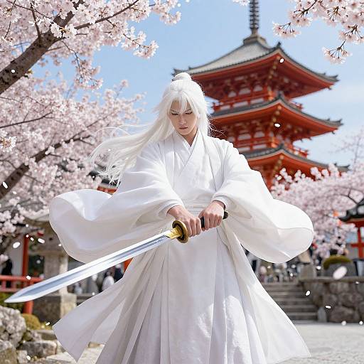 Photograph of a fierce, white-haired samurai woman with long hair, holding a sword, wearing a white kimono, standing amidst cherry blossoms