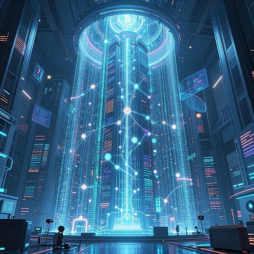 Digital art of a futuristic, neon-lit, towering cyber-structure with glowing blue cables and lights, set in a spacious, high-tech hall.