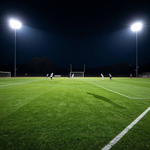 Nighttime soccer field under bright floodlights, six players in black uniforms running on vibrant green grass, goalposts visible in background.