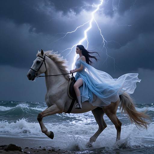 Photograph of a dark-haired woman in a flowing blue dress riding a white horse, illuminated by a bright lightning bolt against a stormy ocean backdrop.