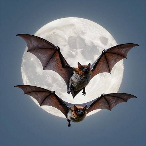 Photograph of two bats with outstretched wings flying against a bright full moon in a clear blue night sky.