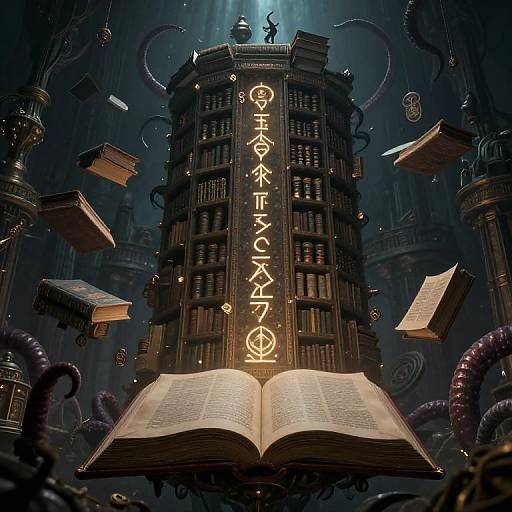 Mysterious dark tower with glowing runes, surrounded by floating books and tentacles, illuminated by blue light in a mystical library. Digital artwork.
