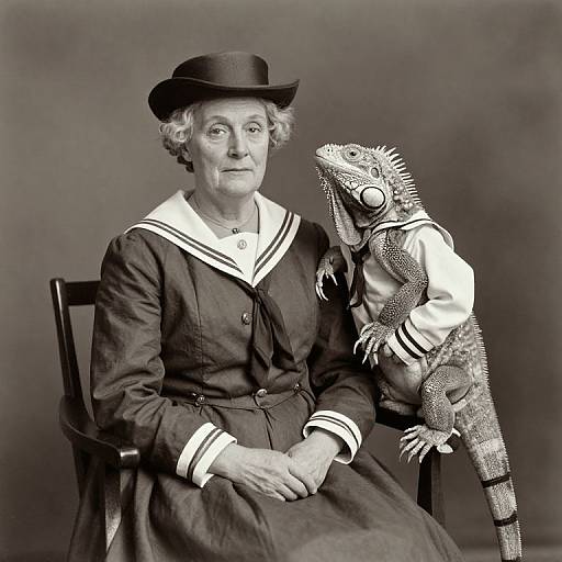 Black-and-white photograph of elderly woman in sailor dress and hat, seated with a large iguana perched on her right arm.