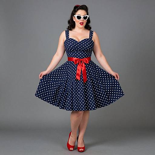 Photograph of a curvy woman with pale skin, wearing a navy blue polka dot dress, red bow, white sunglasses, and red heels,