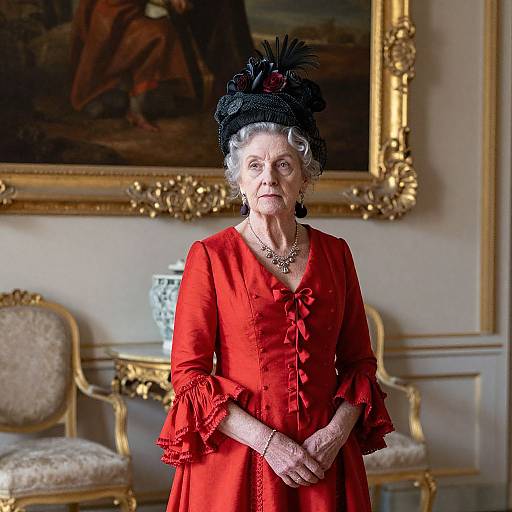 Elegant elderly woman in a vibrant red dress and black hat, standing in a luxurious room with ornate golden-framed painting. Photograph.