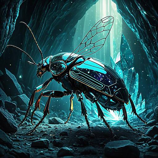 Glowing Crystal Beetle in Ethereal Cavern