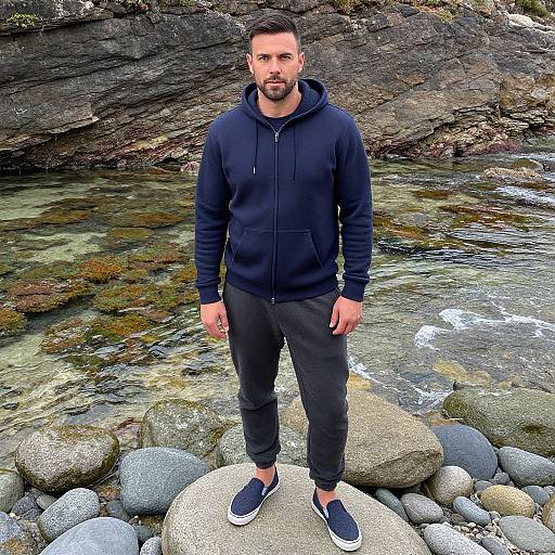 Photograph of a bearded man with short dark hair, wearing a black hoodie, black pants, and navy sneakers, standing on a rock in a