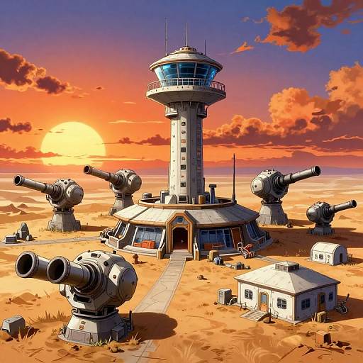 Digital artwork of a futuristic desert base with a central control tower surrounded by large artillery guns, under a vivid orange sunset.