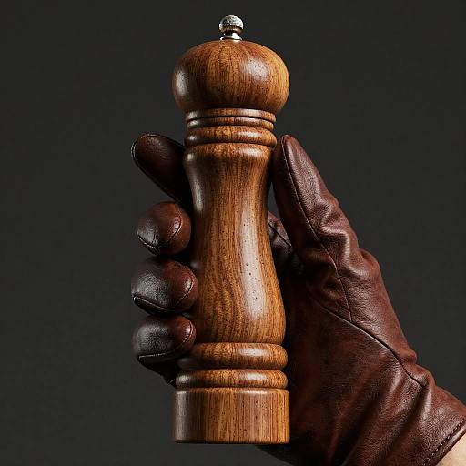 Photograph of a gloved hand holding a polished, wooden pepper grinder with a metallic top against a dark background.